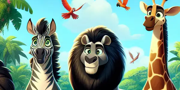 A vibrant tropical island scene featuring Alex the lion, Marty the zebra, Melman the giraffe, and Gloria the hippo in a playful adventure.
