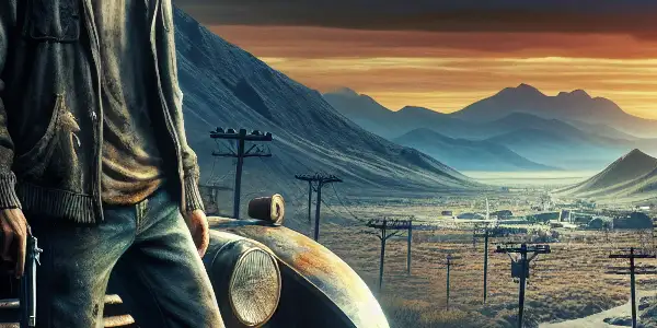 Jesse Pinkman stands contemplatively beside a rusted car in a desolate desert at dusk, hinting at his troubled past.