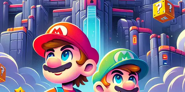 Mario and Luigi stand boldly in the Mushroom Kingdom, surrounded by oversized mushrooms, flowers, and Bowser's castle.