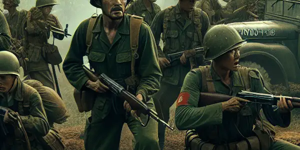 Dramatic battlefield scene depicting Chinese and Vietnamese soldiers in vintage uniforms, amidst rugged hills and dense forests.