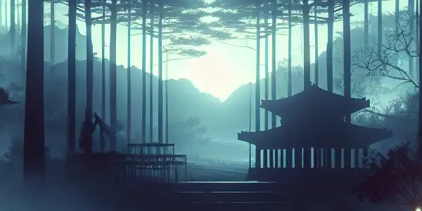 A misty twilight forest with silhouetted characters, ancient ruins, and hints of time travel, evoking suspense and emotional conflict.