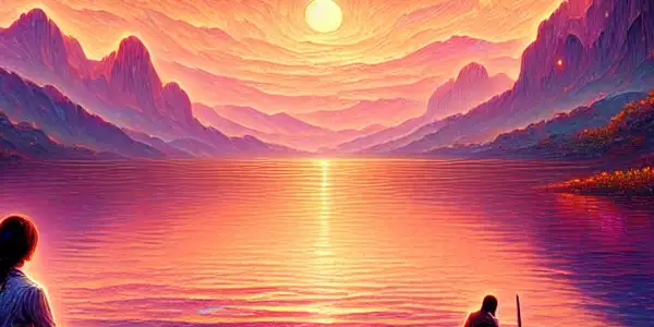 A couple stands by a serene lakeside at sunset, embodying a passionate yet tumultuous love story.