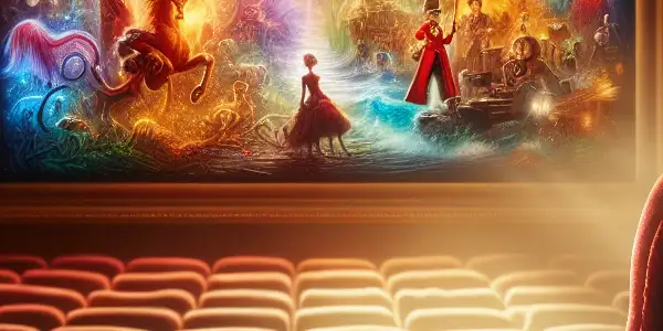 A cozy cinema scene featuring a vintage chair, popcorn, and a split movie screen showcasing contrasting Hollywood and artistic films.