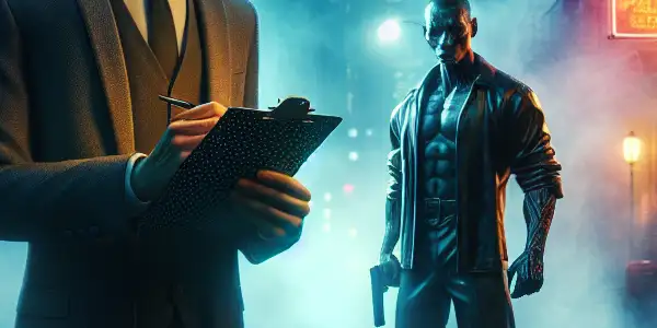 A tense night scene in a misty city, featuring a forensic psychologist and a rugged figure searching for clues.