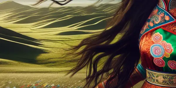 A romantic scene of a Tibetan youth and a mysterious girl amidst the Gannan grasslands, featuring vibrant attire and cultural elements.