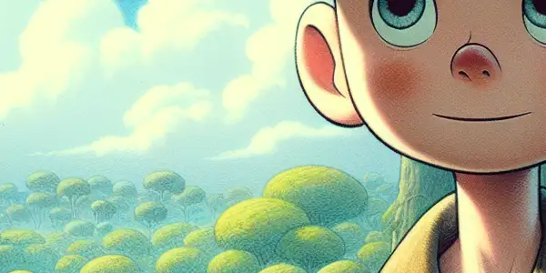 A young boy in a 1940s military uniform holds a comic book, surrounded by nature and friendly animals.