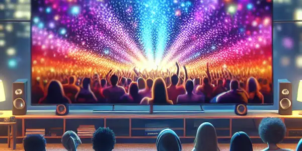 A cozy home theater scene with diverse characters enjoying a movie, featuring streaming service logos and a cityscape backdrop.