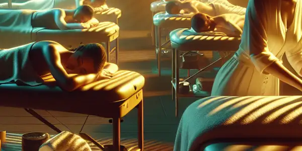 A cozy massage room with a focused therapist and diverse clients, evoking warmth and emotional connections.