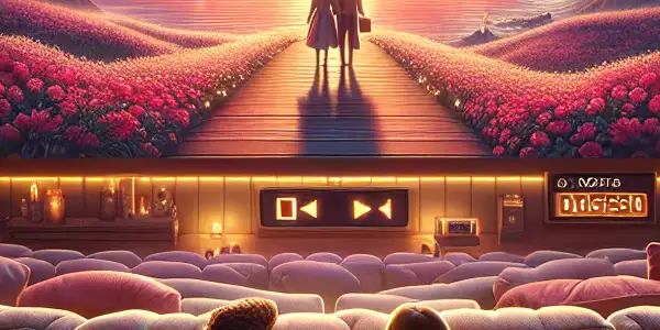 A cozy home theater scene with a couple enjoying a romantic movie night, surrounded by warm lighting and affectionate details.