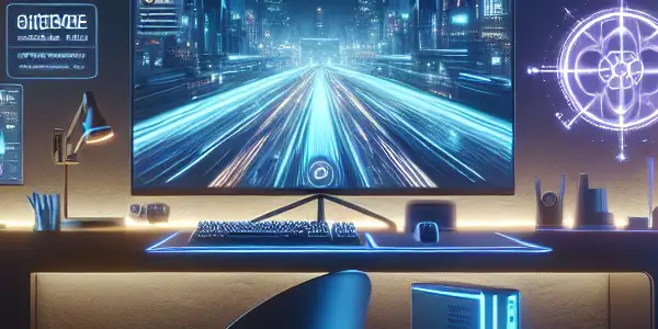 A futuristic home office showcasing advanced technology and a seamless adult content interface in a cozy atmosphere.