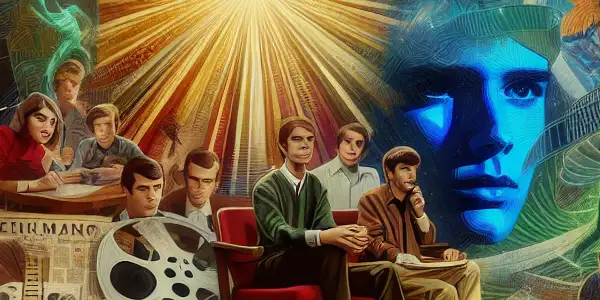 A vibrant collage blending humorous iconic film scenes with surreal imagery, exploring the duality of youthfulness and deep emotion.