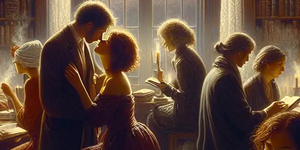 A cozy library scene with diverse readers engaged in intimate storytelling, surrounded by books and warm lighting.