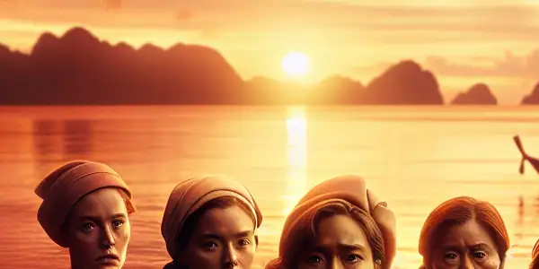A group of resilient Japanese women in 1940s attire stands on a sunlit beach, embodying sorrow and strength.