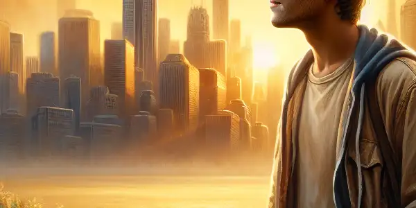 A hopeful young man gazes at a vibrant sunset over a city, symbolizing resilience and new beginnings.