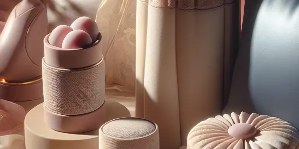 Elegant adult products arranged on soft pastel fabrics, surrounded by plush cushions and delicate flowers, creating a serene atmosphere.