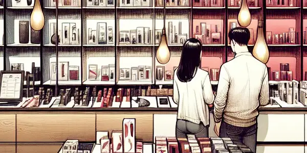 A modern adult pleasure products store with inviting displays, cozy seating, and a friendly staff member assisting a customer.