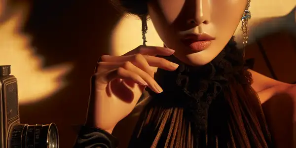 A charismatic actress in a dramatic pose on a dimly lit film set, surrounded by vintage cameras and film reels.