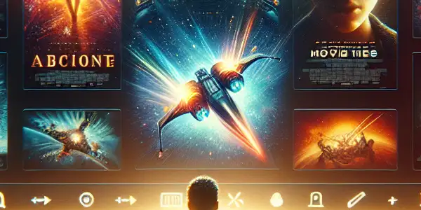 A cozy home setting featuring a sleek computer displaying vibrant movie posters and a person browsing an online movie platform.