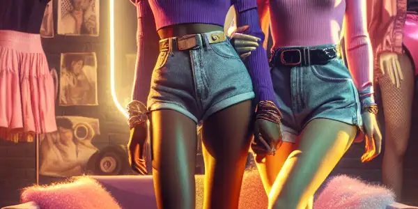 A vibrant retro-themed living room featuring characters in 1980s and 1990s fashion, engaging playfully amidst nostalgic decor.