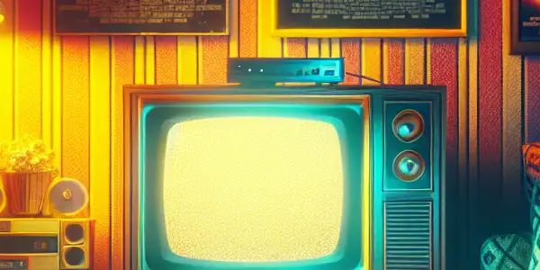 Cozy retro living room with vintage TV, 80s movie posters, VHS tapes, and warm lighting, evoking nostalgia.