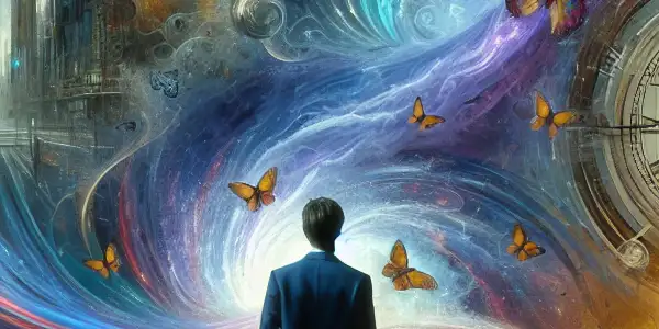 A male protagonist stands at a crossroads in time, surrounded by a swirling vortex of colorful butterfly wings.