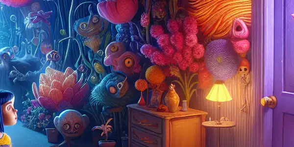 A young girl discovers a mysterious door leading to a vibrant yet eerie parallel world filled with whimsical creatures.