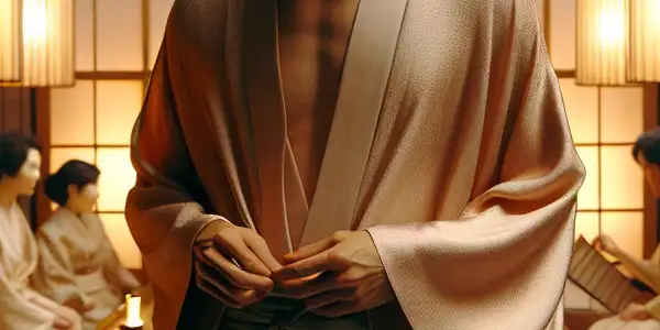 A confident character showcases a stylish, form-fitting outfit against a Japanese film set backdrop, embodying allure and fluidity.