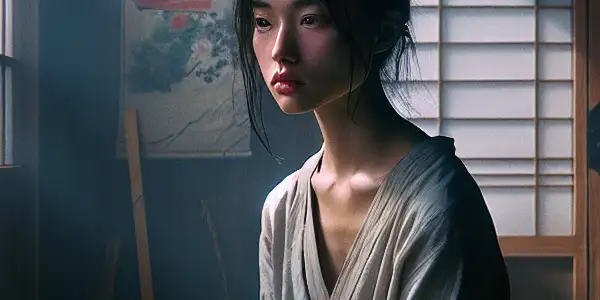 A young woman in a dimly lit room, contemplating deeply, surrounded by a flower, books, and a gentle breeze.