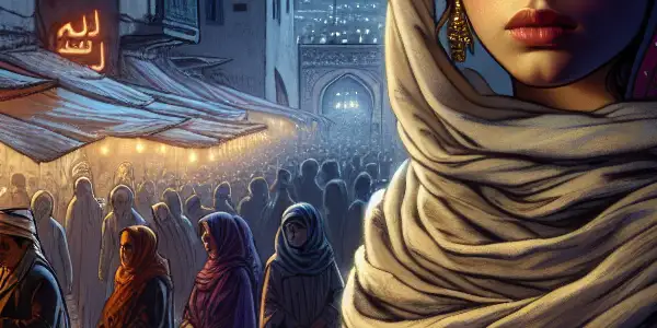 A young girl stands resiliently under a Tunisian night sky, embodying determination amidst urban vibrancy and themes of women's rights.