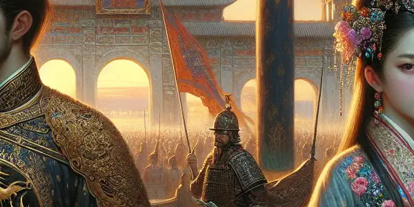 An emperor and his beloved in a grand palace courtyard, amidst political unrest during the late Ming Dynasty.