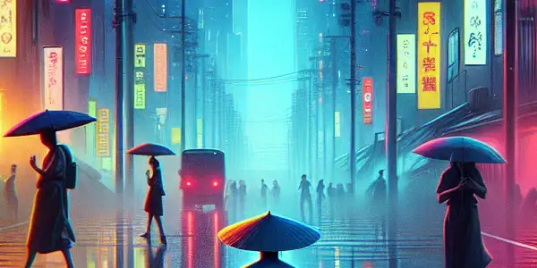 A contemplative figure in a gritty Tokyo street at dusk, holding a flower amidst urban chaos and a family festival.