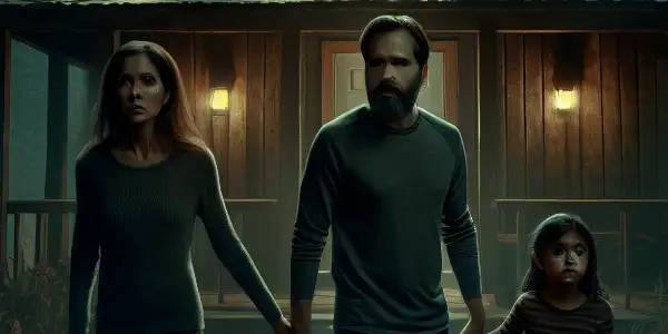 A fearful family confronts shadowy intruders outside a remote cabin under a stormy sky.