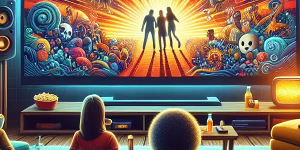 A lively movie night scene with diverse people enjoying a film in a cozy living room, surrounded by genre-themed decor.