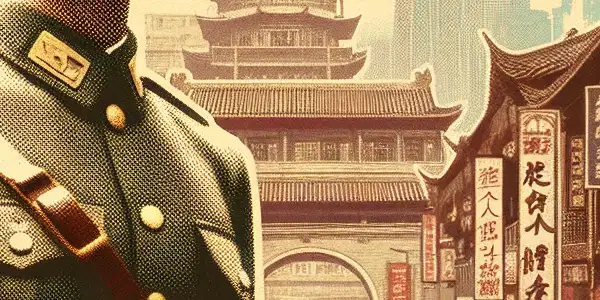 A heroic Chinese soldier stands in a bustling 1950s Guangzhou street, embodying patriotism and espionage themes.
