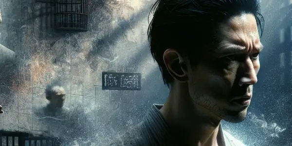 A character in a dim room, reflecting on 15 years of imprisonment, filled with anger and sorrow.