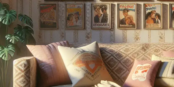 A cozy living room filled with 1980s movie posters, popcorn, and a vintage television displaying a classic film.