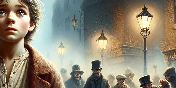 A determined young boy escapes a grim orphanage in foggy 19th-century London, surrounded by shadowy figures.