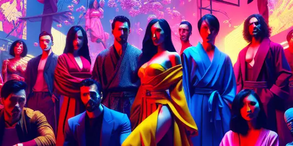 A dynamic film studio scene featuring diverse actors in stylish outfits, conveying storytelling and emotional depth.