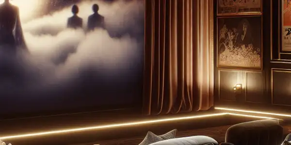 A luxurious private screening room with plush seating, ambient lighting, and suggestive silhouettes on a large screen.