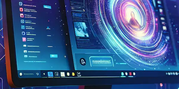 A modern computer setup in a dimly lit room, showcasing a vibrant adult content platform with digital security elements.