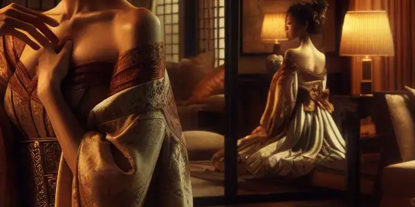 A contemplative woman in elegant attire, surrounded by a luxurious home, embodies themes of temptation and desire.