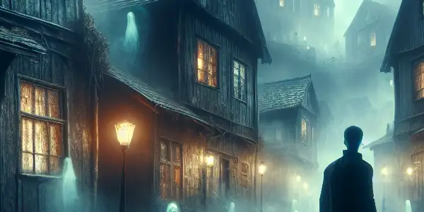 A misty, ancient town with cobblestone streets, haunted by ghostly figures and a curious protagonist.