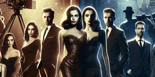 A glamorous film set contrasts with shadows, depicting the allure and dark themes of scandal films.