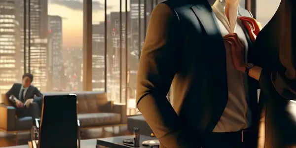 A tense moment between a male boss and female subordinate in a modern Japanese office setting.