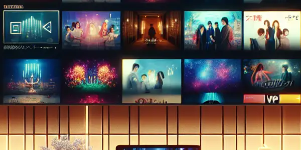 A modern online movie platform showcasing colorful Japanese adult film thumbnails in a cozy, illuminated room.