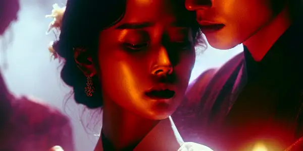 A passionate couple embraces in a dimly lit, romantic setting, surrounded by shadowy silhouettes and flickering candlelight.