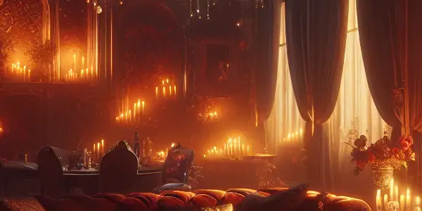 A dimly lit, intimate room with elegant furnishings, conveying romance and emotional connection between subtly portrayed characters.