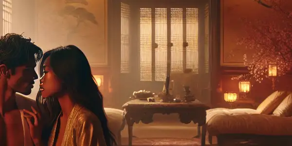 A luxurious room with a couple sharing a passionate moment, surrounded by elegant decor and a tranquil garden view.