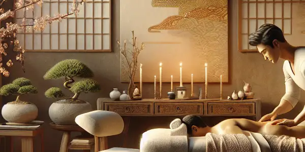 A tranquil massage room with ambient lighting, a skilled masseur, and elements of Japanese decor.