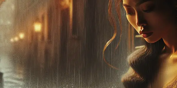 A melancholic woman in 1930s attire gazes longingly from a dimly lit window, surrounded by a vintage cityscape.